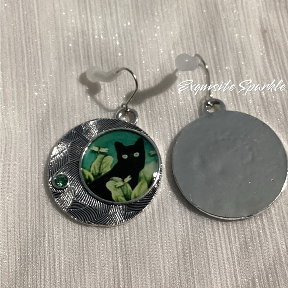 😸Oxidized Silver Alloy Black Cat Circular Hook Drop Earrings - Picture 6 of 15